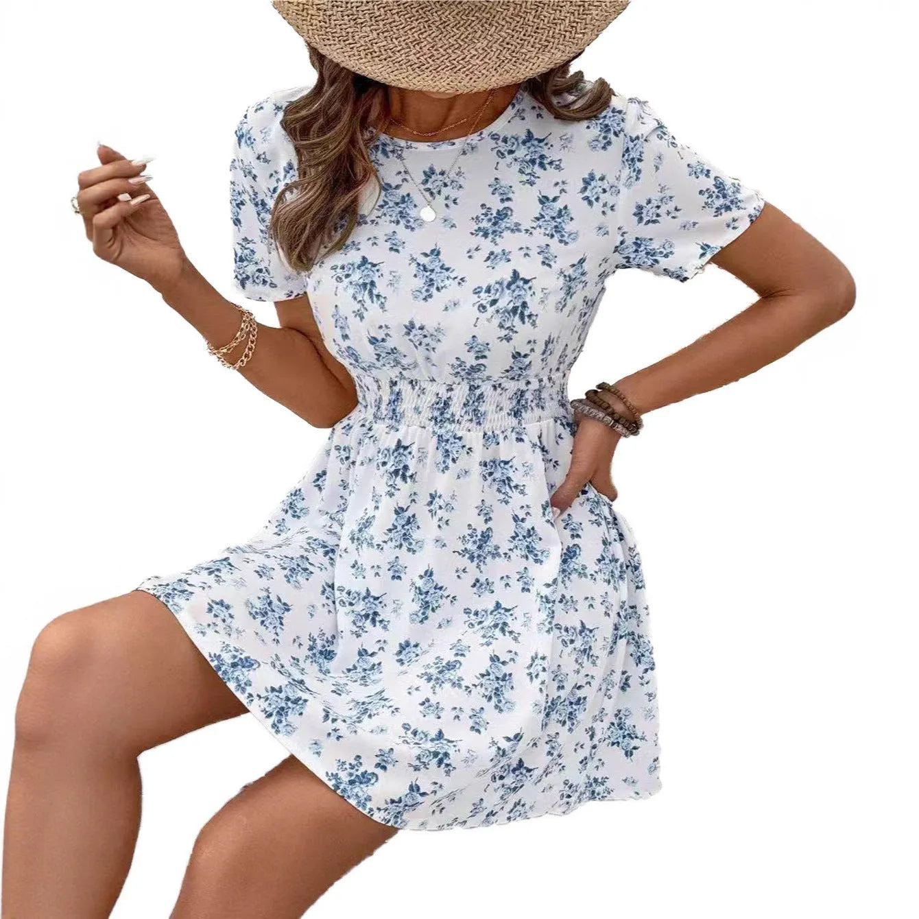 Light blue high-waist A-line dress with mid-length skirt and regular sleeves.