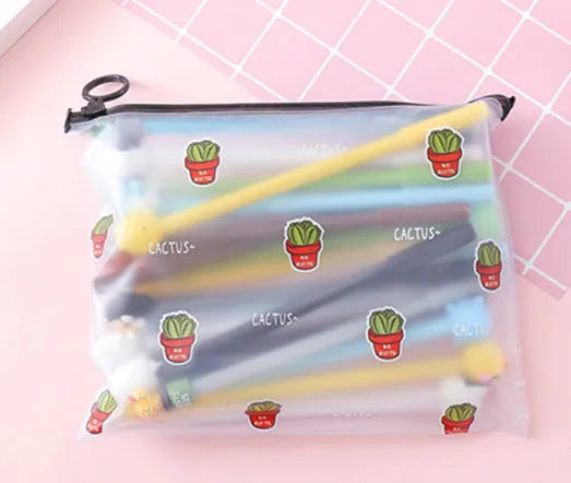 Marvel plastic pen case open showing twenty cartoon cactus design 0.5mm black pens inside.