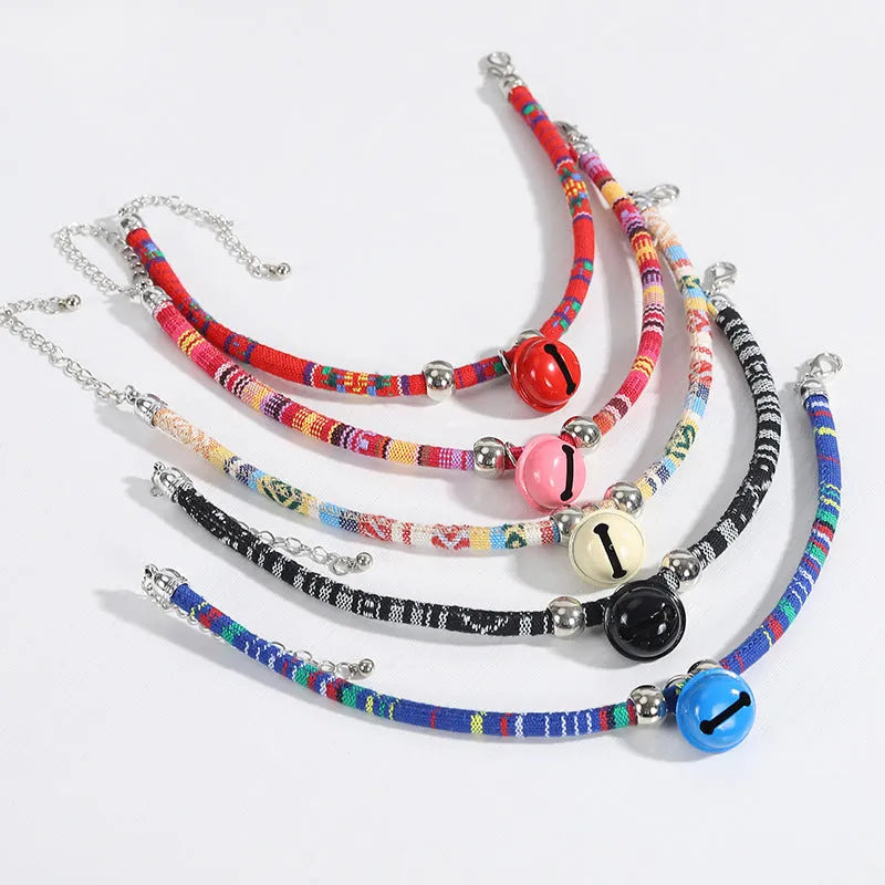 Ethnic pattern pet collar with bell attachment in multiple colour options for cats and puppies