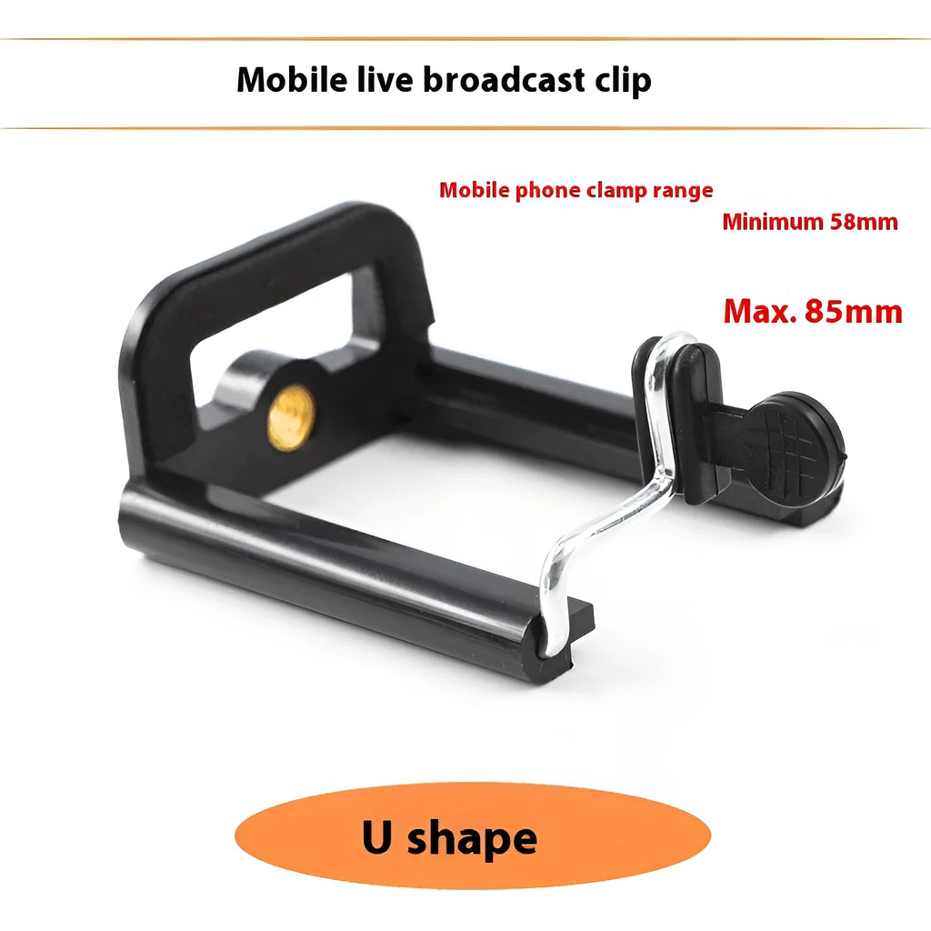 Black plastic U-clip mobile phone holder designed for mounting on cylindrical objects like hoses or poles.