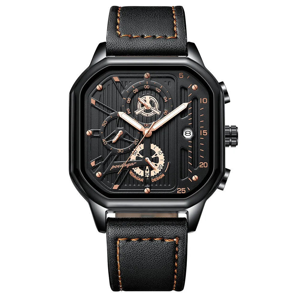 Men's black and gold quartz sports watch with belt-style strap and 8mm metal case.