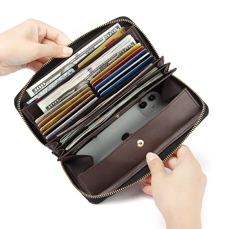 Long genuine leather women's wallet in six colours with anti-theft card swiping feature