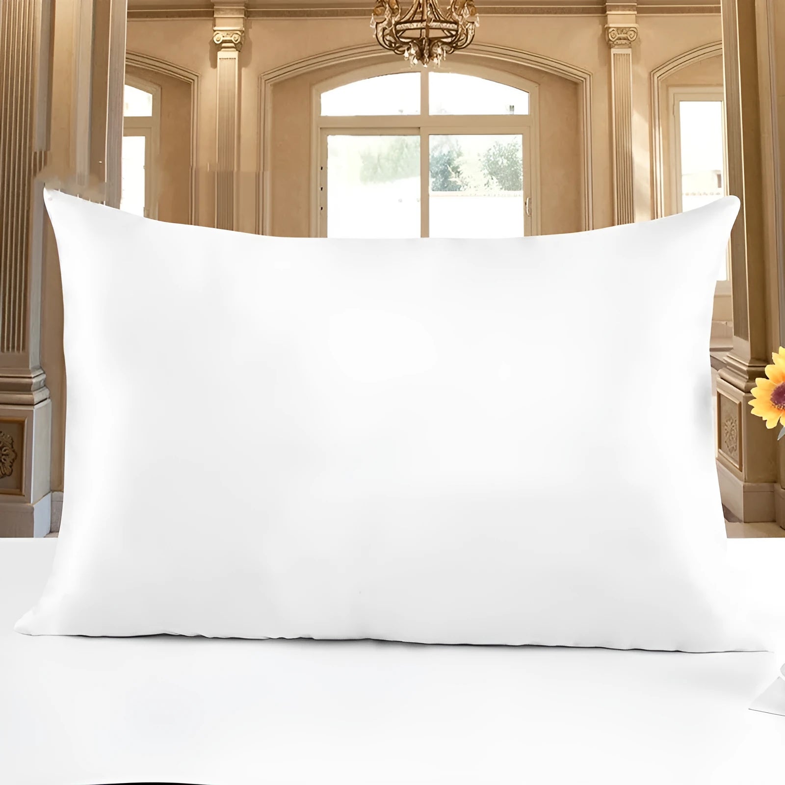 Double-sided silk pillowcase showing reversible design in apricot colour with three size options displayed