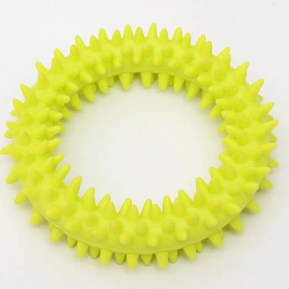 Blue TPR spiky circle dog chew toy for dental cleaning on a white background.