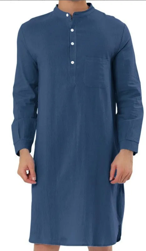 Men's simple cotton shirt robe with pocket available in white black and blue sizes S to XXL