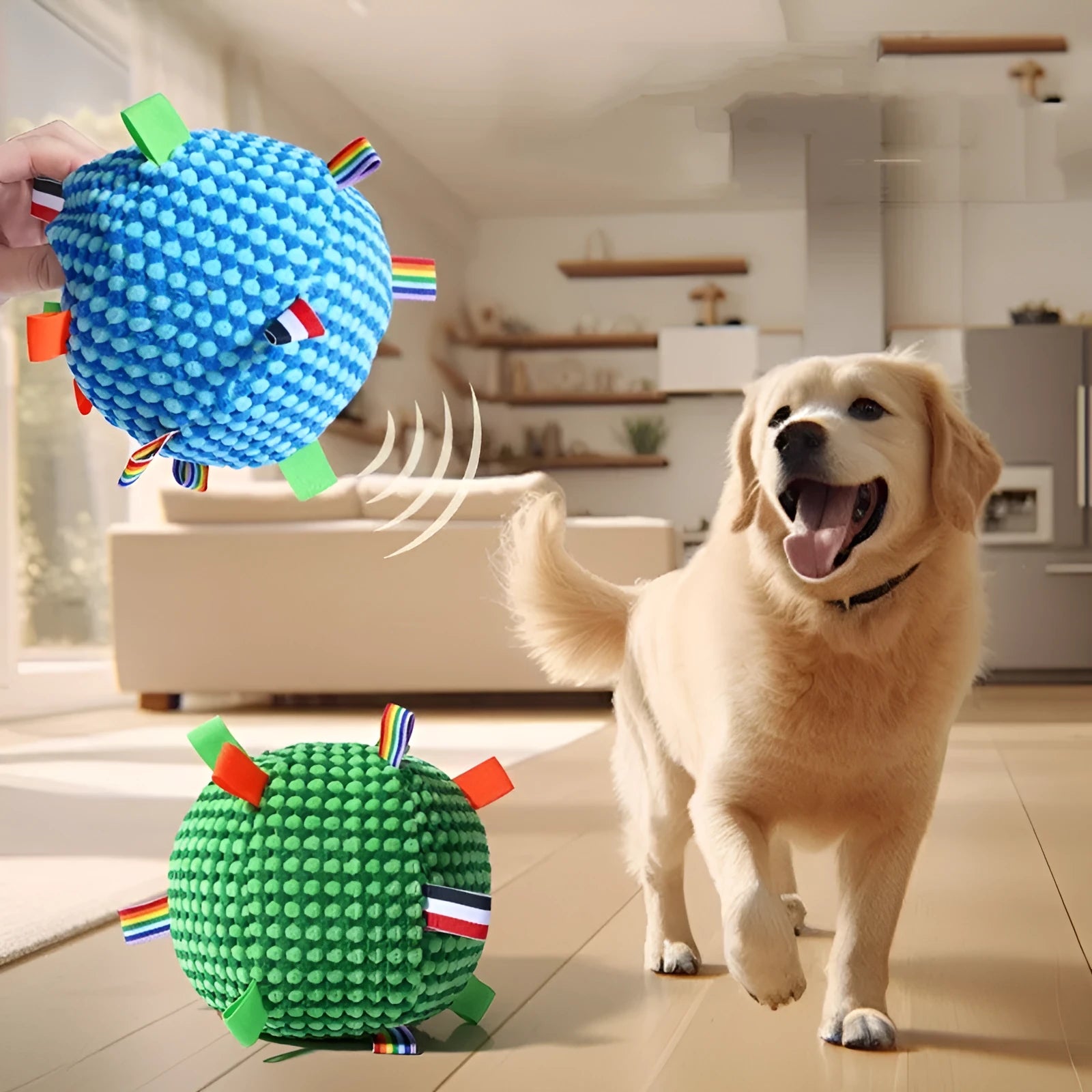 Blue and yellow two-tone pineapple lattice texture dog ball ring toy on white background
