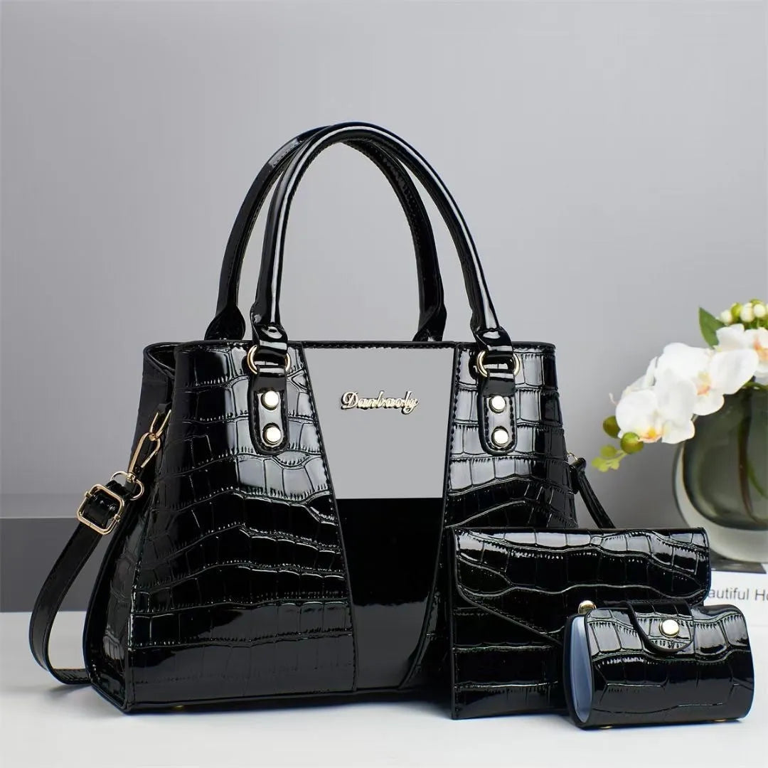 Women's three-piece shoulder bag set with crocodile stitching in multiple colour options