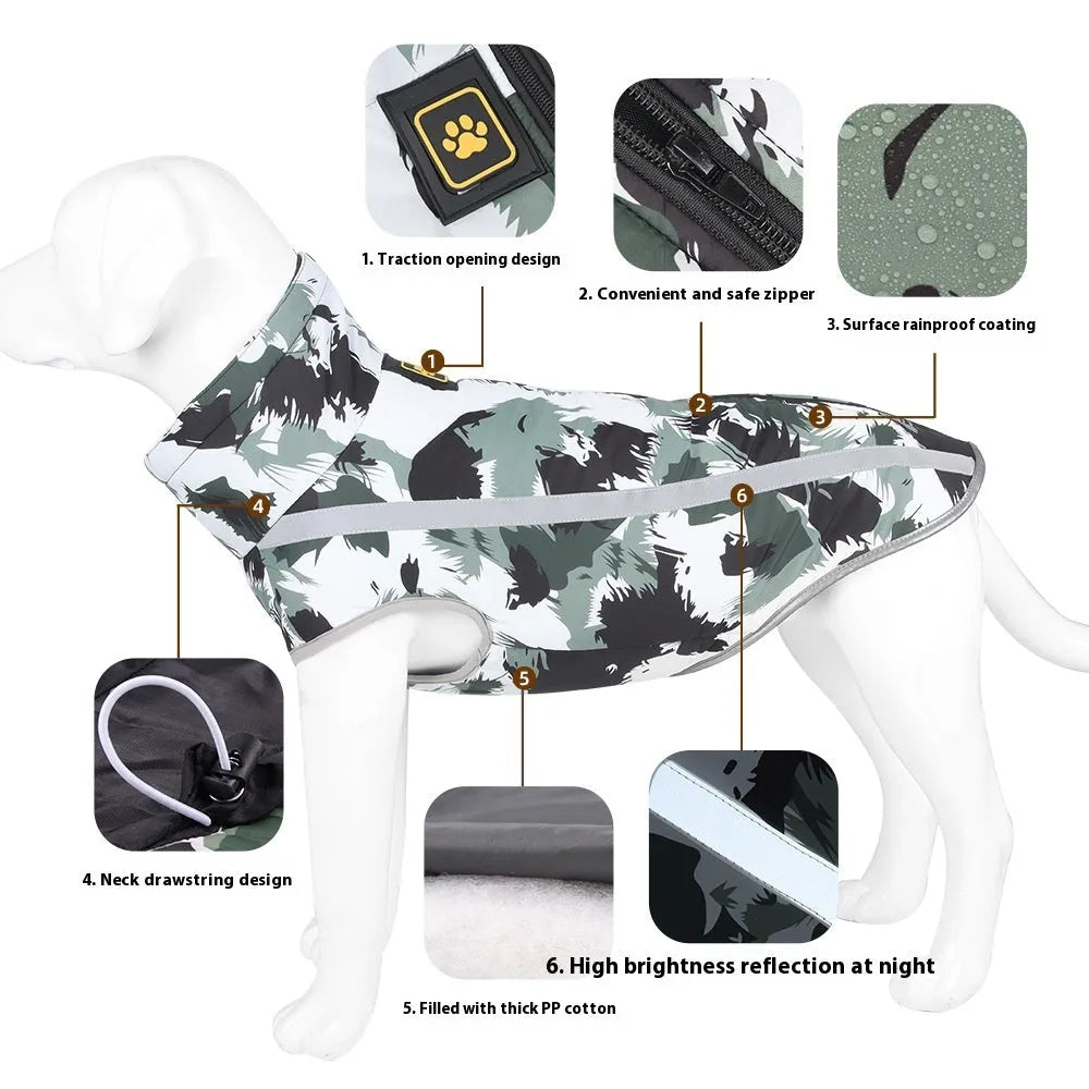 Reflective thick-shell dog jacket in geometric blue, graffiti black and white, or graffiti red patterns for XL to 6XL sizes