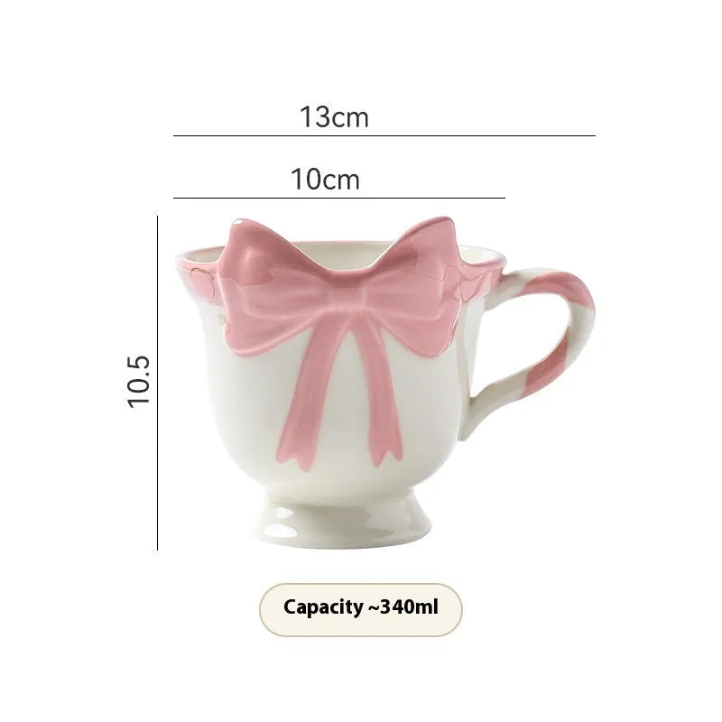 Ceramic heart bow mug in white or black pink with 400ml capacity