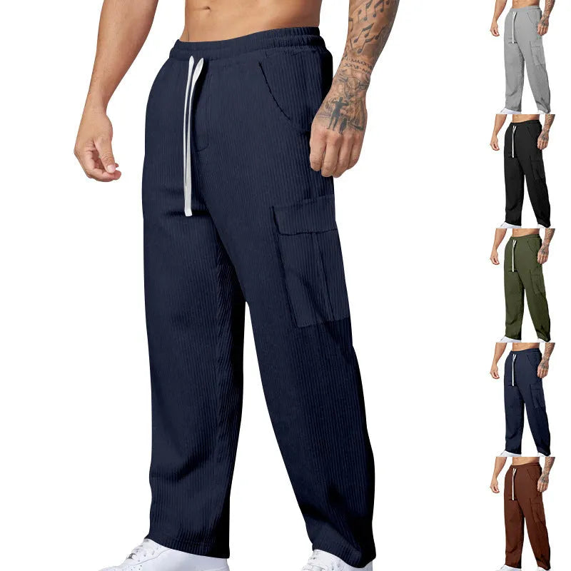 Men's corduroy cargo trousers in wide-leg straight fit with drawstring waist in multiple colour options
