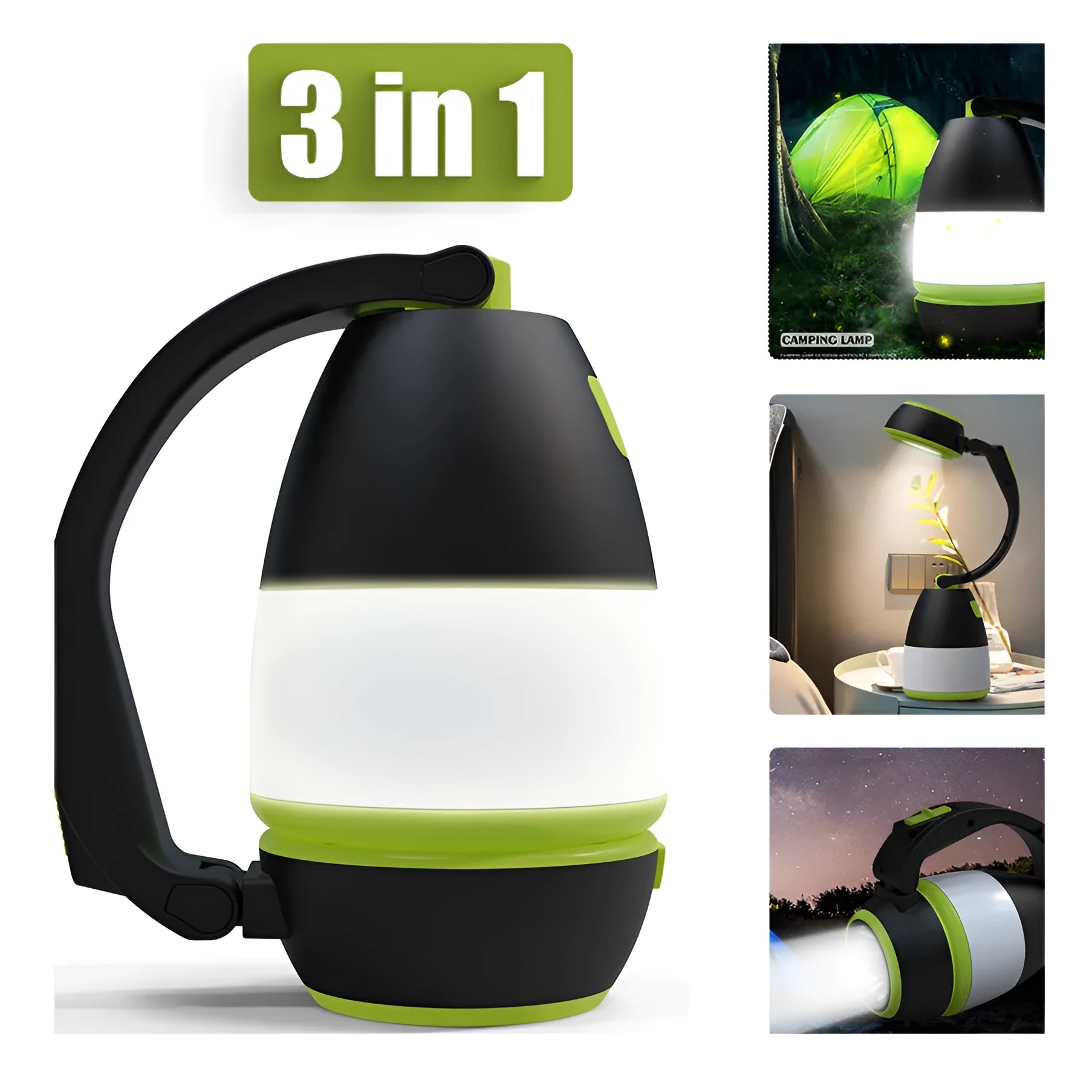 Black green multifunctional LED lamp in folded position showing USB charging port and adjustable head