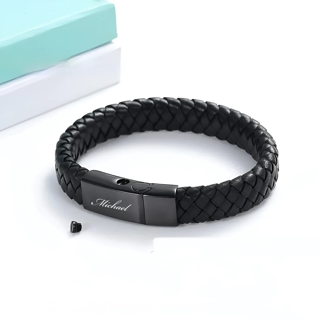 Black leather and stainless steel casket memorial bracelet with engraving