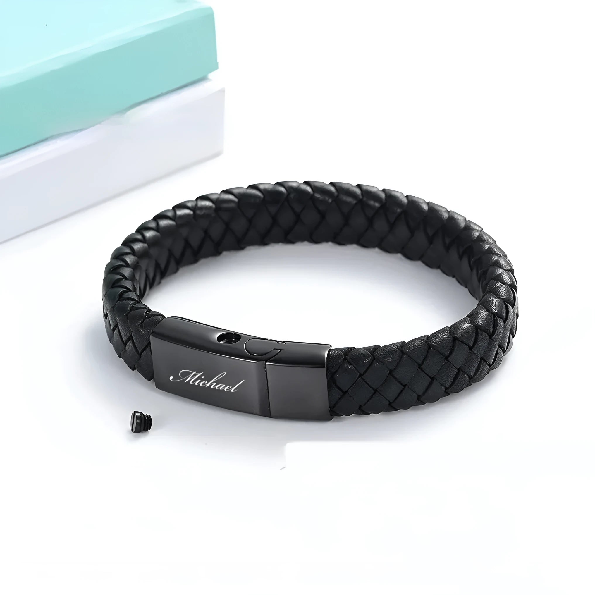 Black leather and stainless steel casket memorial bracelet with engraving