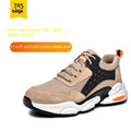 Men's black breathable flyknit labour safety shoe with anti-puncture sole on a worksite background.