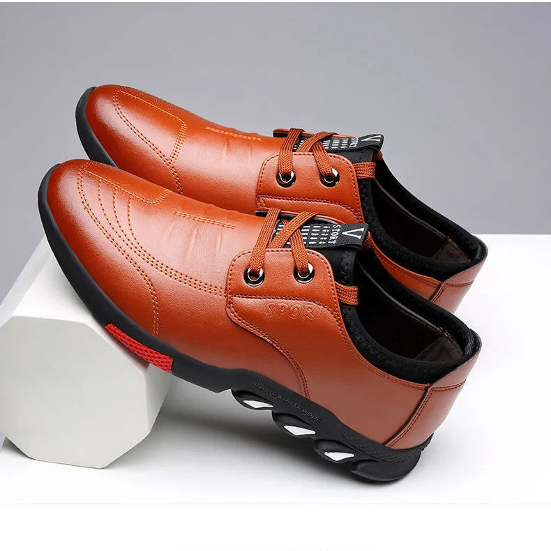 Men's black and brown PU business shoes with flat heel for spring, showing lace-up and slip-on style options