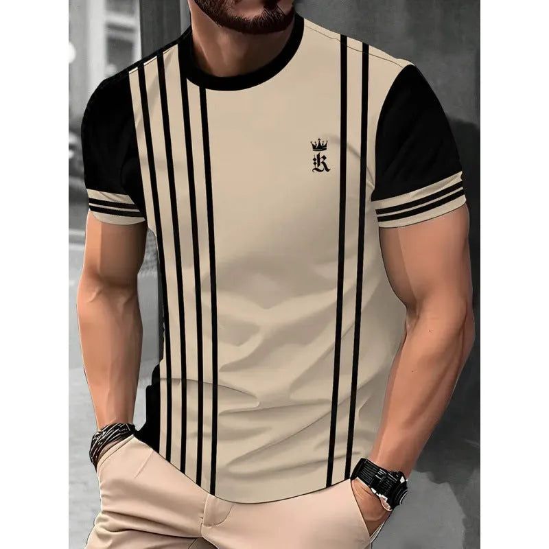 Men's loose fit casual T-shirt with digital 3D printed stripe pattern, short sleeves, polyester fabric
