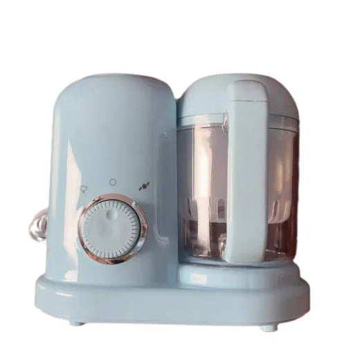 Baby food processor with steamer and blender functions in green or pink, showing dual mixing blades