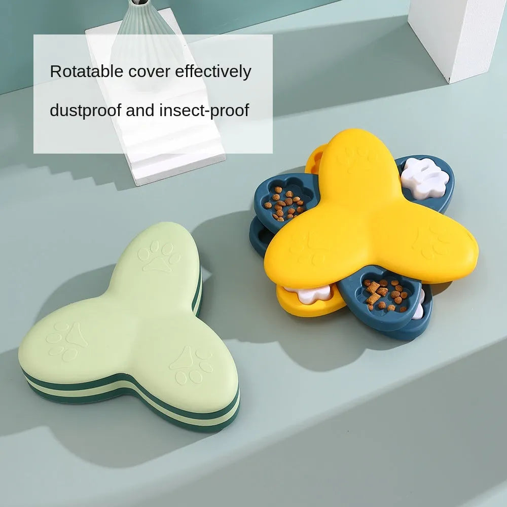 Green and yellow dog puzzle toy slow feeder with 9 compartments and bone-shaped covers