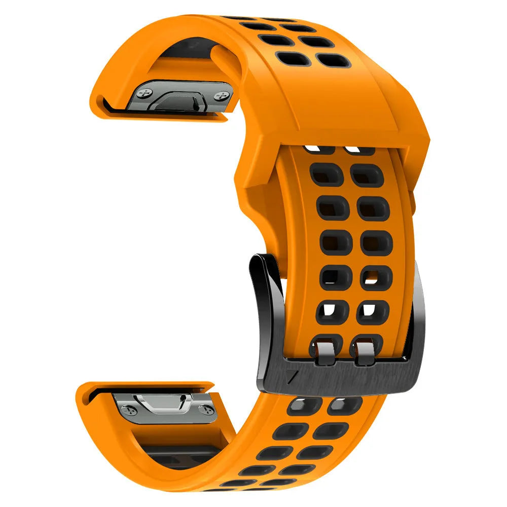 Two-colour silicone quick release watch strap with pin buckle in black and orange combination