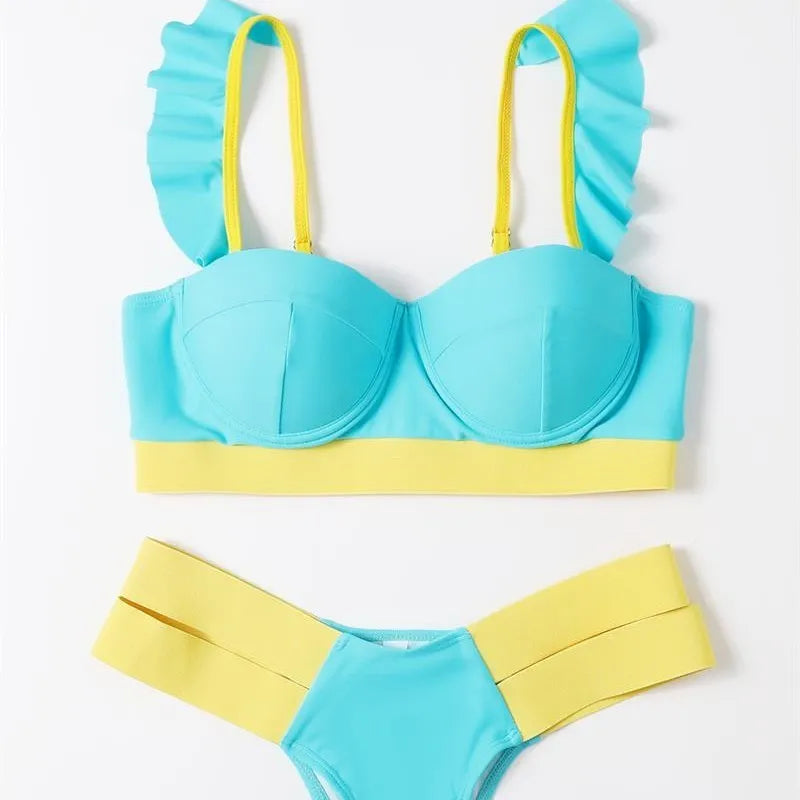 Women's contrast colour bikini swimsuit with steel bracket push-up top, shown in multiple colour options.