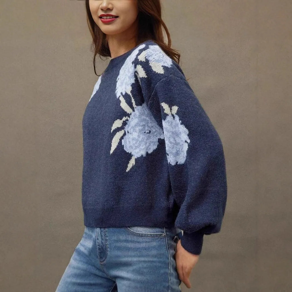 Women's sapphire blue off-neck pullover with floral jacquard pattern, loose casual fit with long sleeves