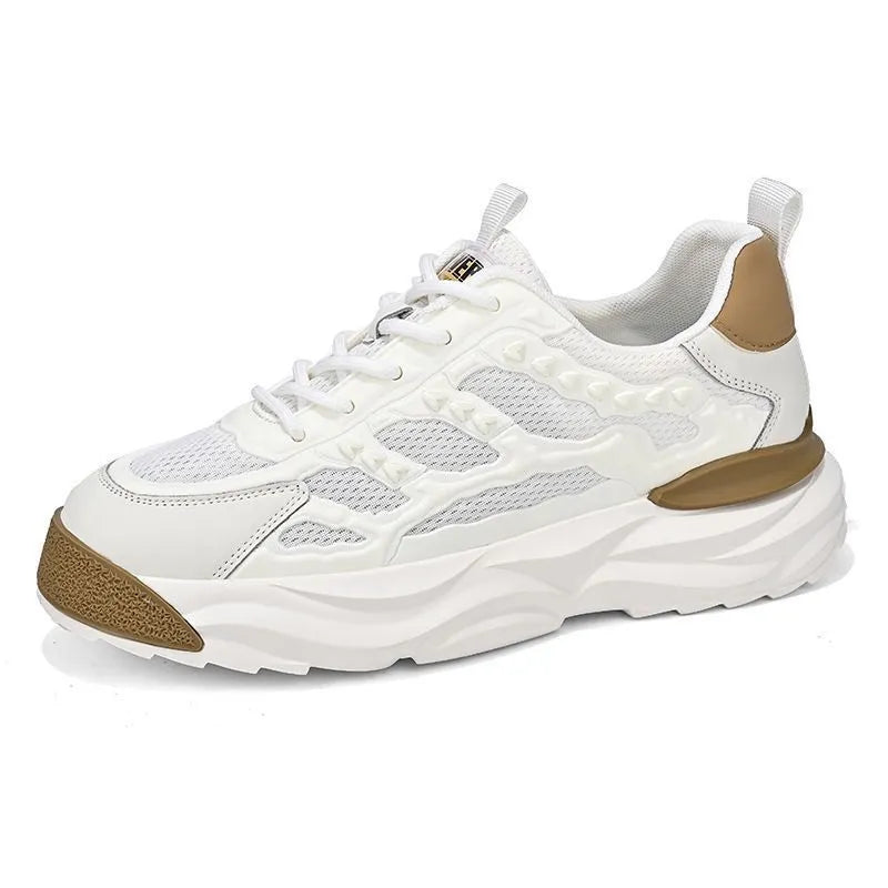 Men's white breathable mesh shoes with round toe and solid colour design