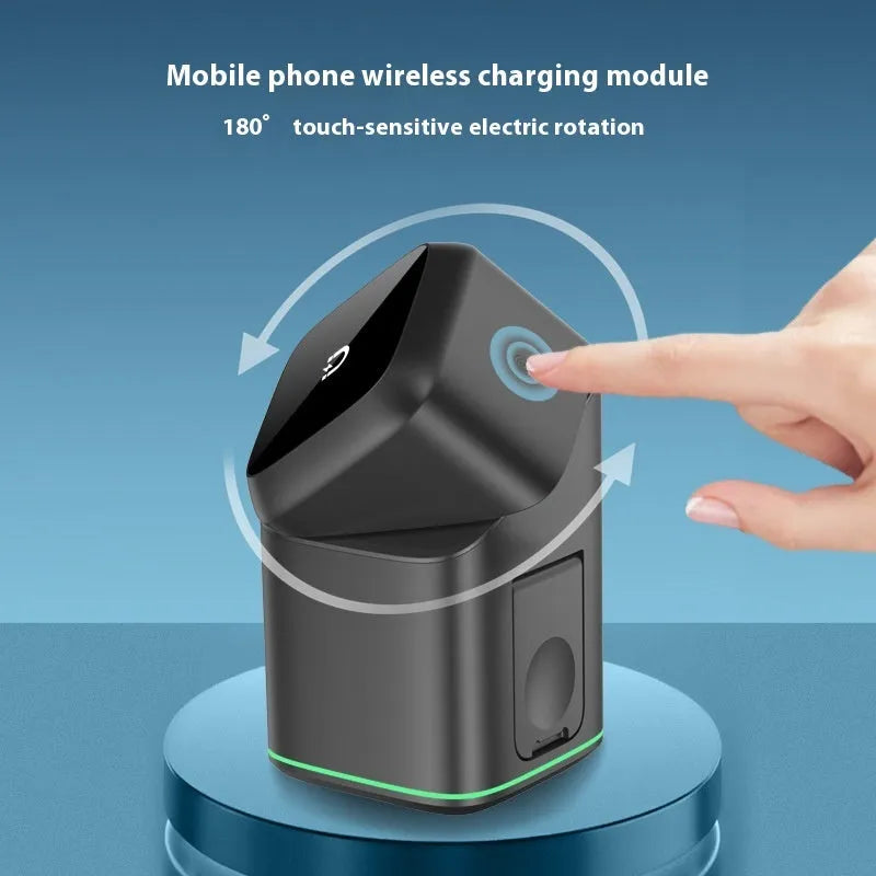 Black mobile phone magnetic wireless charging stand showing 180-degree rotation adjustment