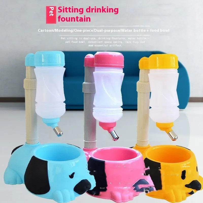 Adjustable height pet drinking bowl with rod lifting mechanism in blue, pink or yellow colours