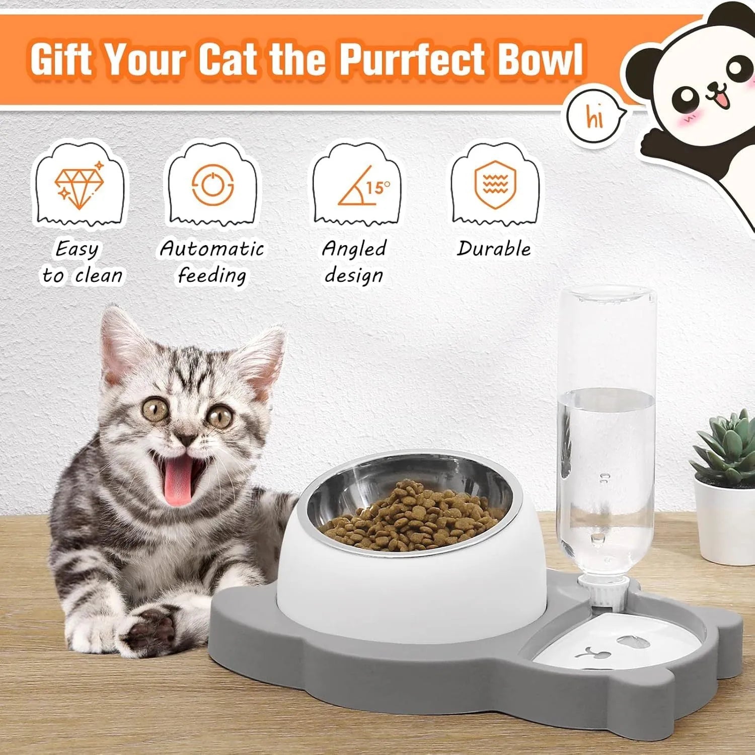 Panda-shaped pet feeder with tilted raised bowls and automatic water dispenser bottle