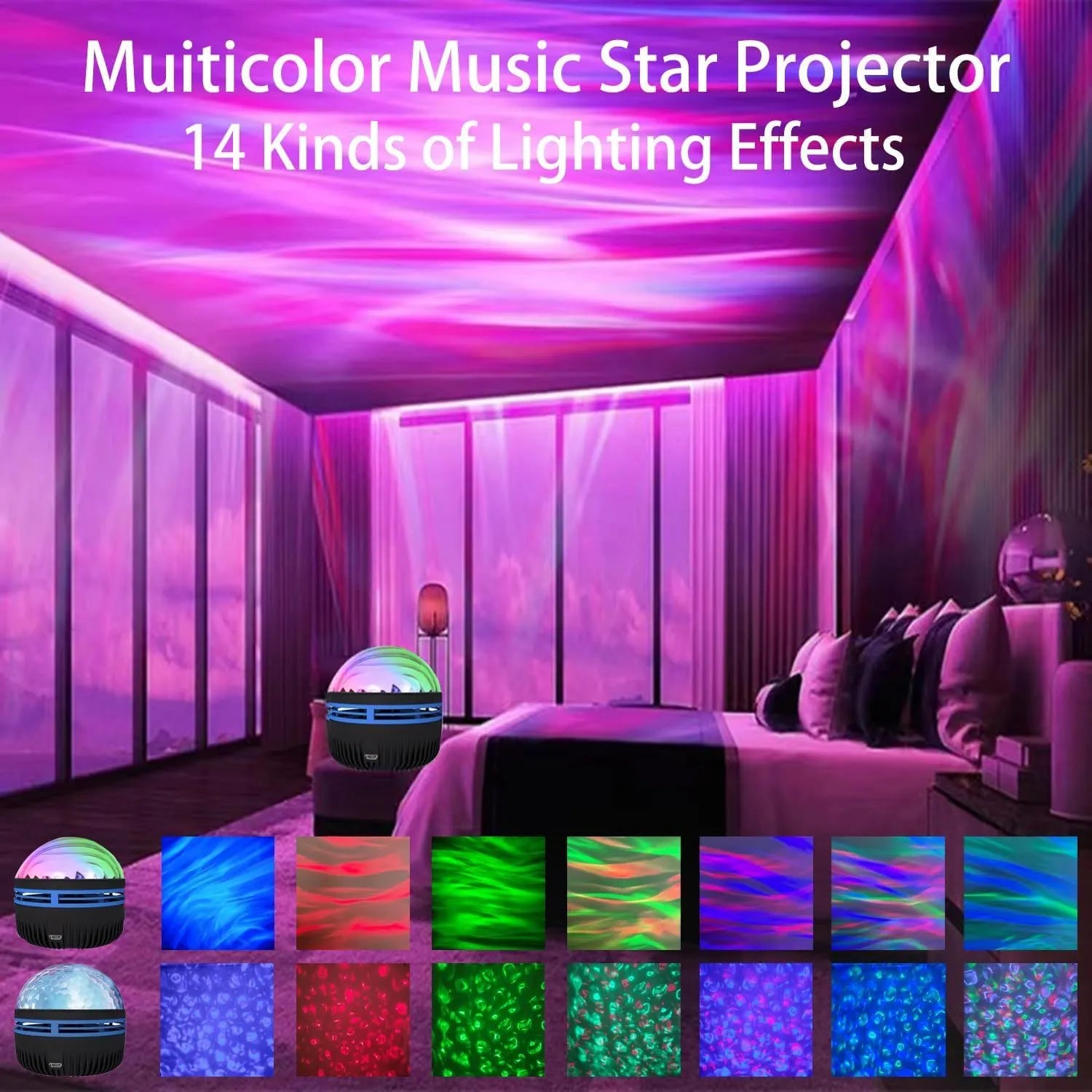 Compact USB-powered LED lamp projecting rotating colourful stars and galaxies onto a dark wall.