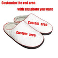 Pair of patterned flannel slippers with a TPR rubber sole, shown in a customisable design.