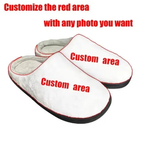 Pair of patterned flannel slippers with a TPR rubber sole, shown in a customisable design.