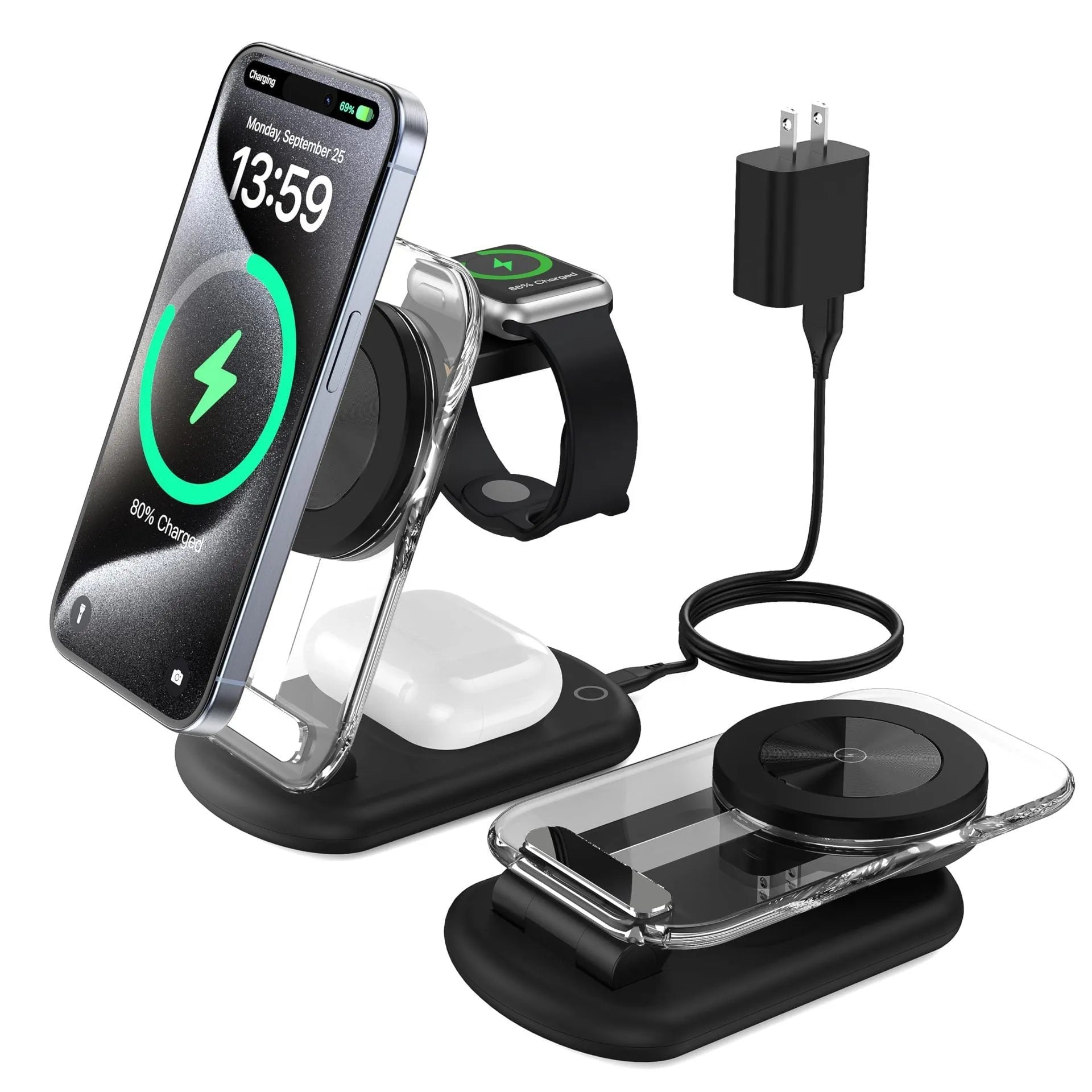 Transparent folding magnetic wireless charger showing black and white colour options with three-device charging capacity