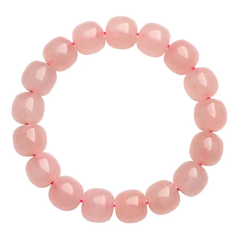 Pink crystal barrel bead bracelet with geometric design and 8 x 10mm bead sizing