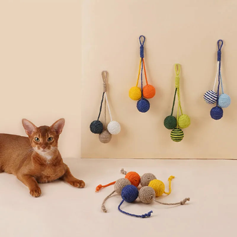 Cat toy set with teaser stick and bite-resistant catnip ball in blue, green, and red yellow blue colours