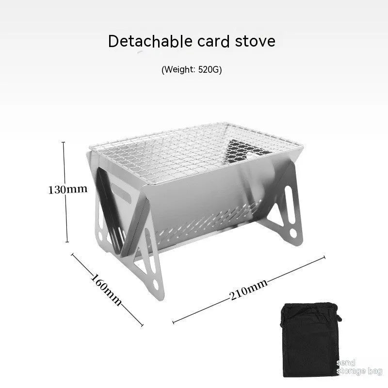 Folding stainless steel portable barbecue oven with large grill and storage bag.