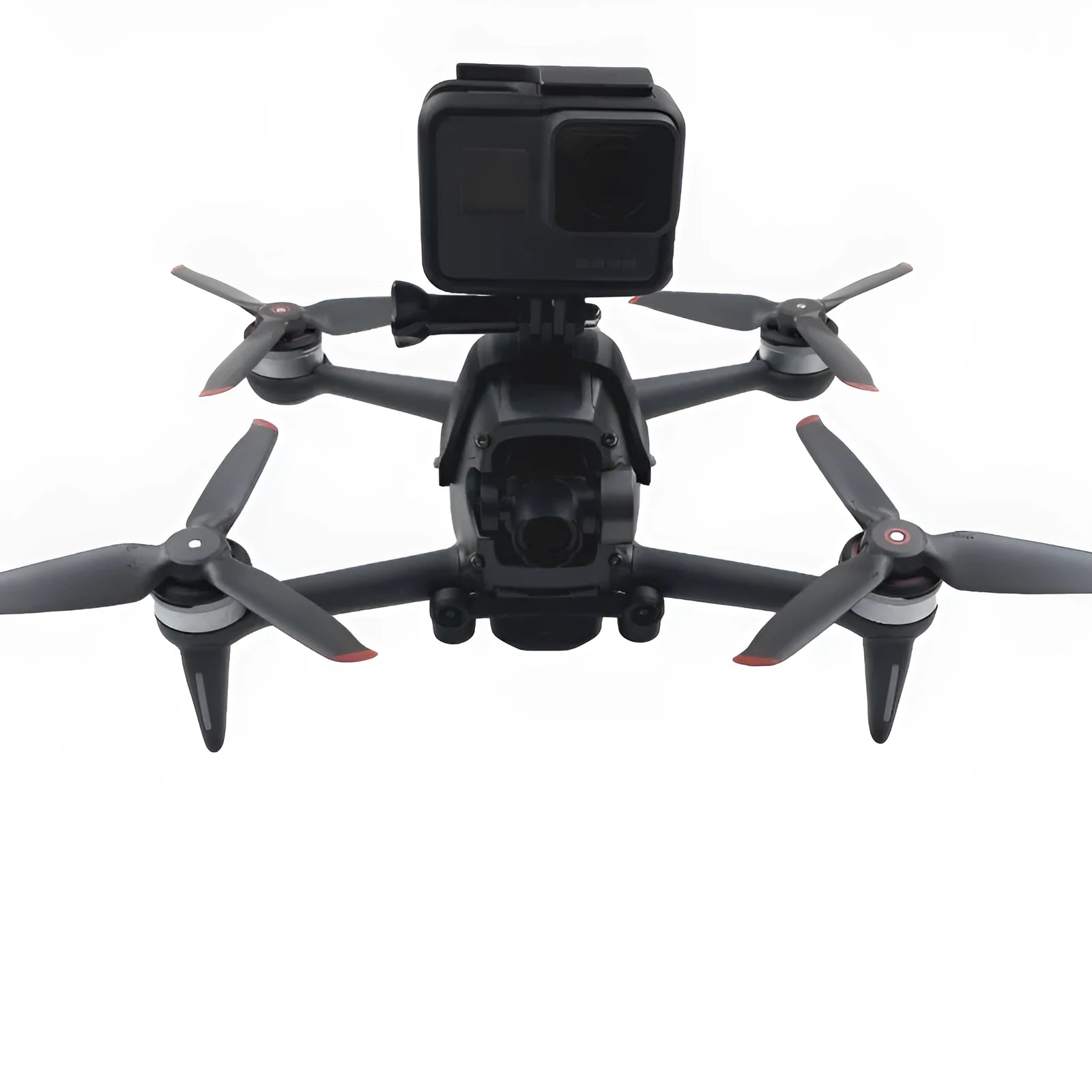 3D printed hard plastic action camera expansion bracket with soft sponge pad for drone mounting.