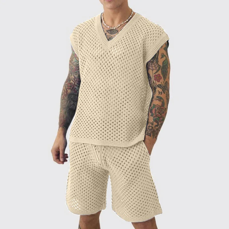 Men's sleeveless V-neck vest and shorts set in blue, black, white or khaki for summer sports