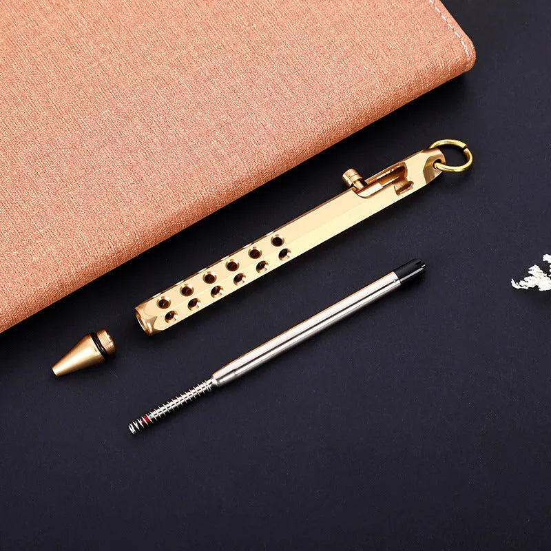 Brass hexagon bolt pen with six-angle design and 0.5mm tip, shown with brass natural and retro black ink options.