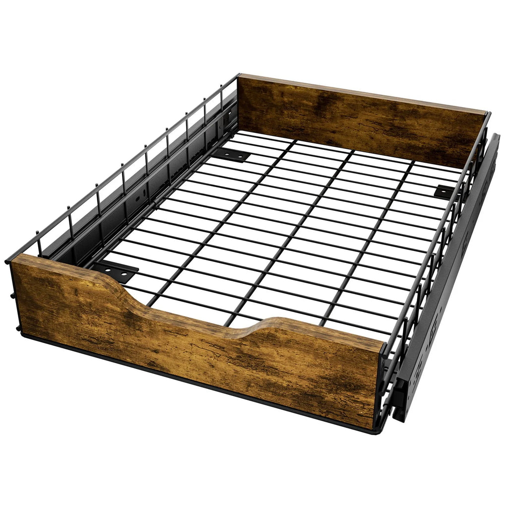 Black household storage rack with pull basket drawers, made from wood and iron.