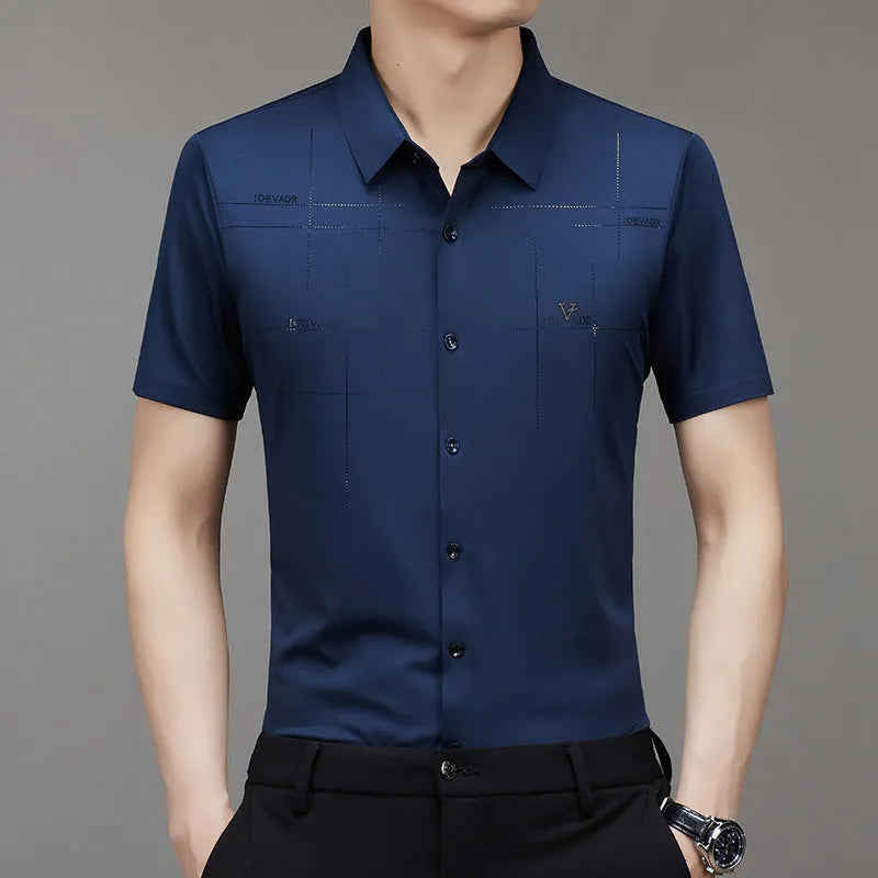 Striped polyester short-sleeved seamless business shirt for summer, available in white, black, wine red, dark green, dark blue, mechanical blue, sky blue