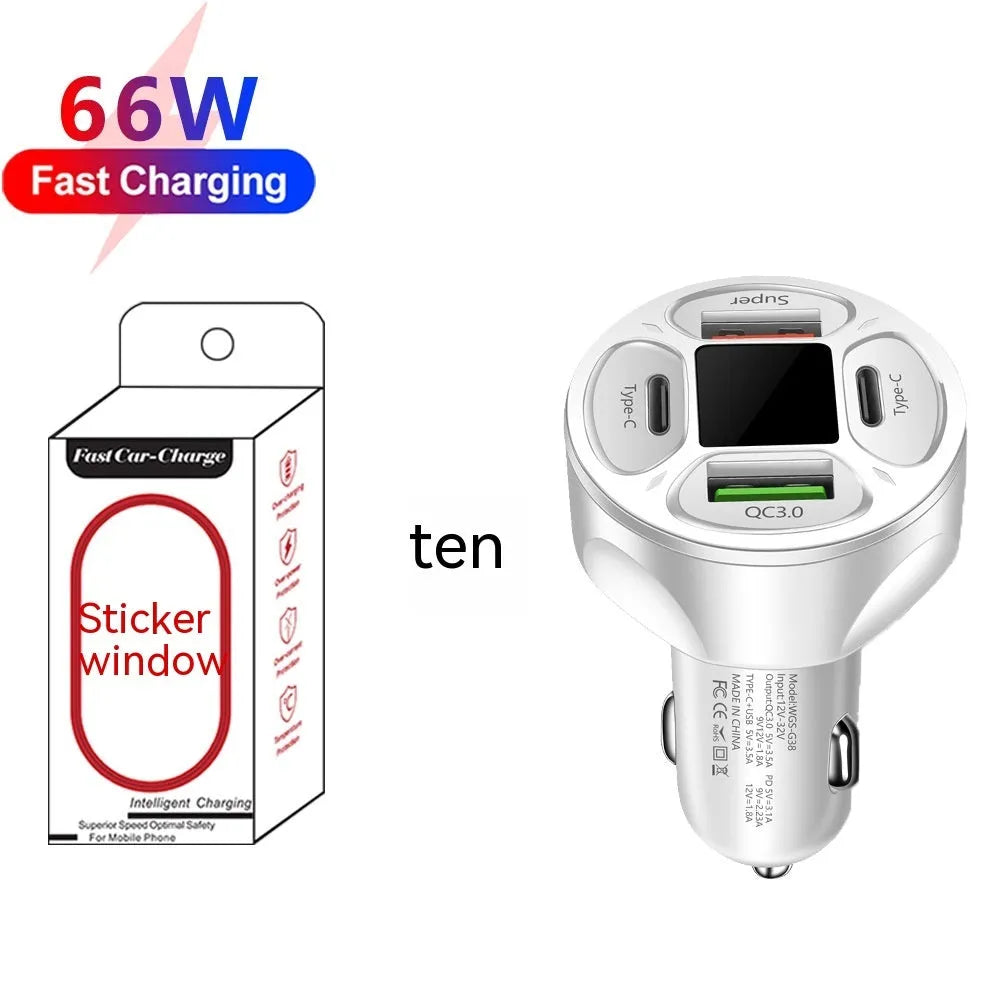 Black car charger with digital display showing charging voltage and current readings