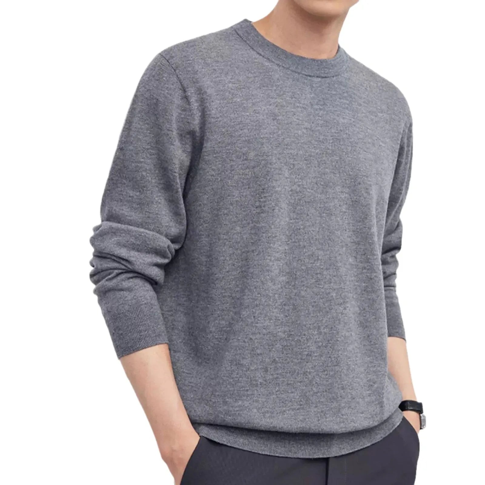 Men's regular fit wool pullover sweater in light grey colour for autumn winter wear