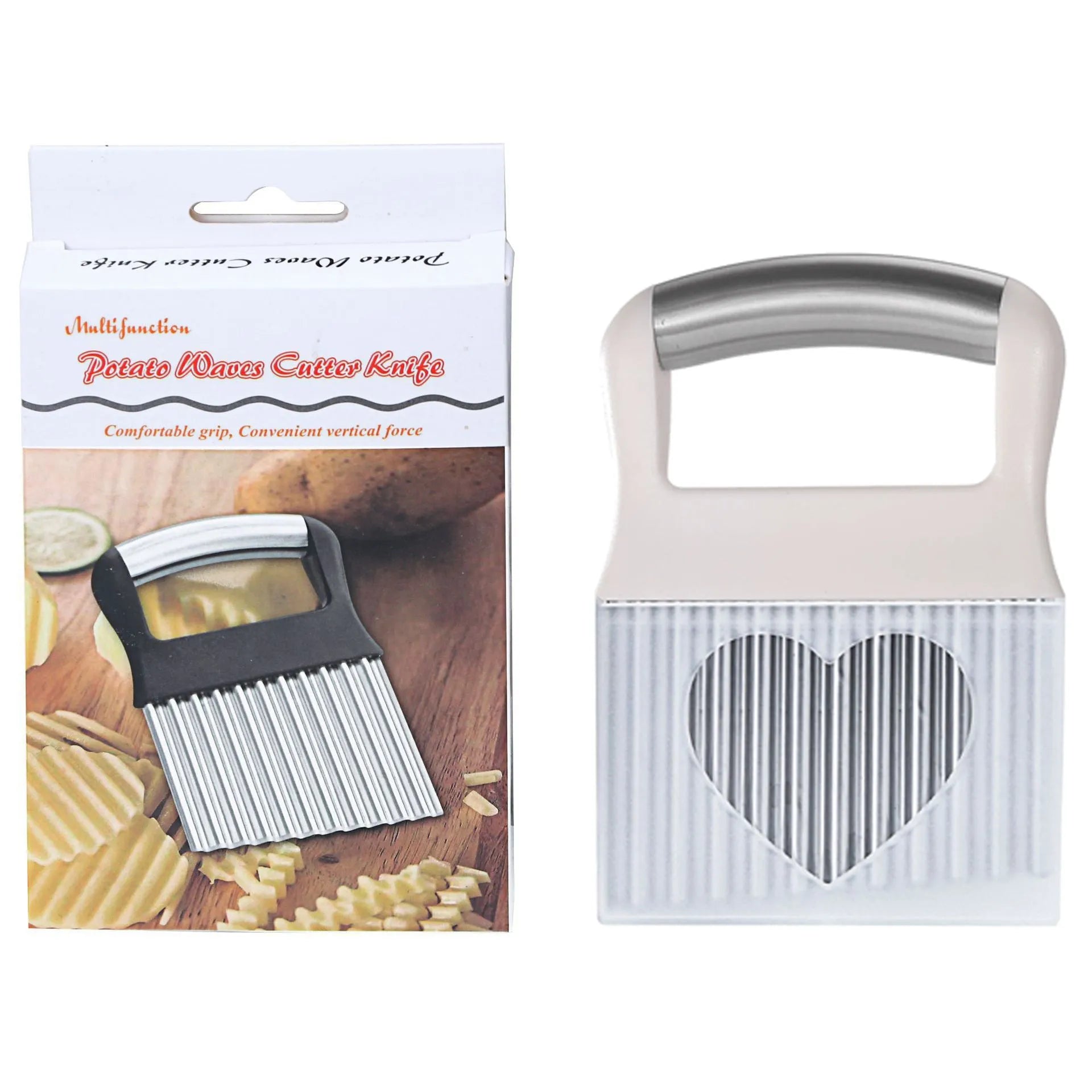 Stainless steel potato wave knife for making crinkle-cut chips and waffle fries.