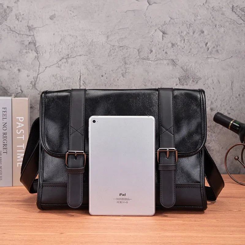 Black Korean-style men's commuter backpack with anti-theft feature and sewing thread detailing.