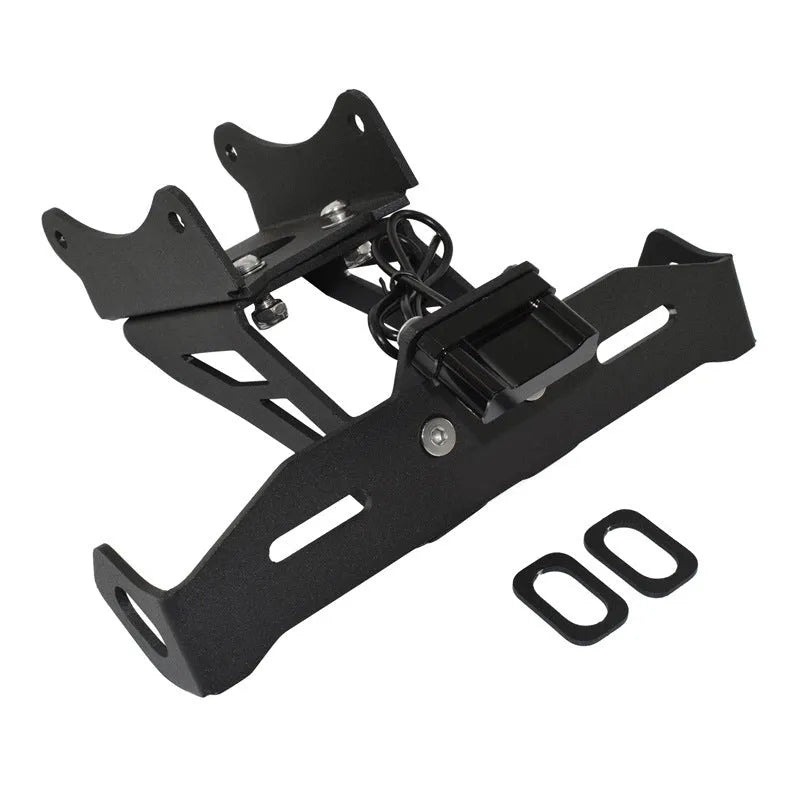 Black aluminum alloy rear license plate frame for Honda motorcycle showing fixed bracket style