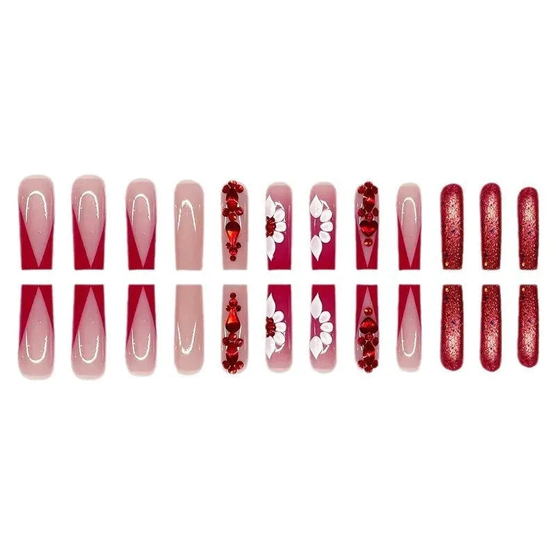 Sweet flowers temperament prismatic red diamond design on long European square artificial nails