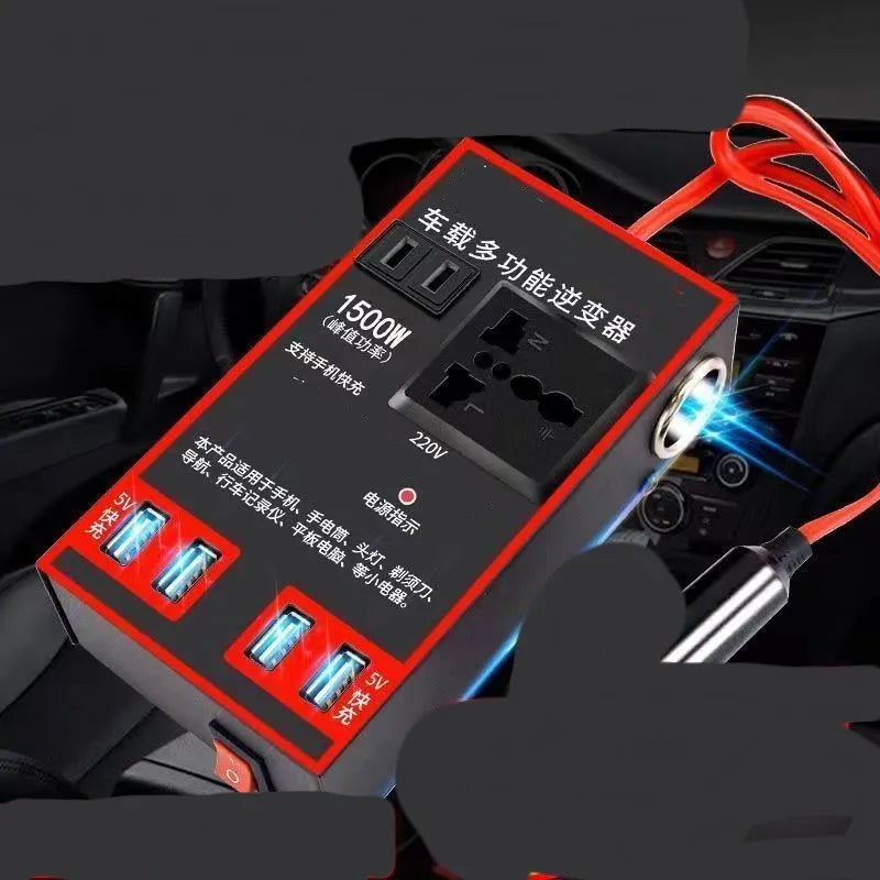 Black automotive power converter with UK socket and USB ports for 12V/24V to 220V vehicle power conversion