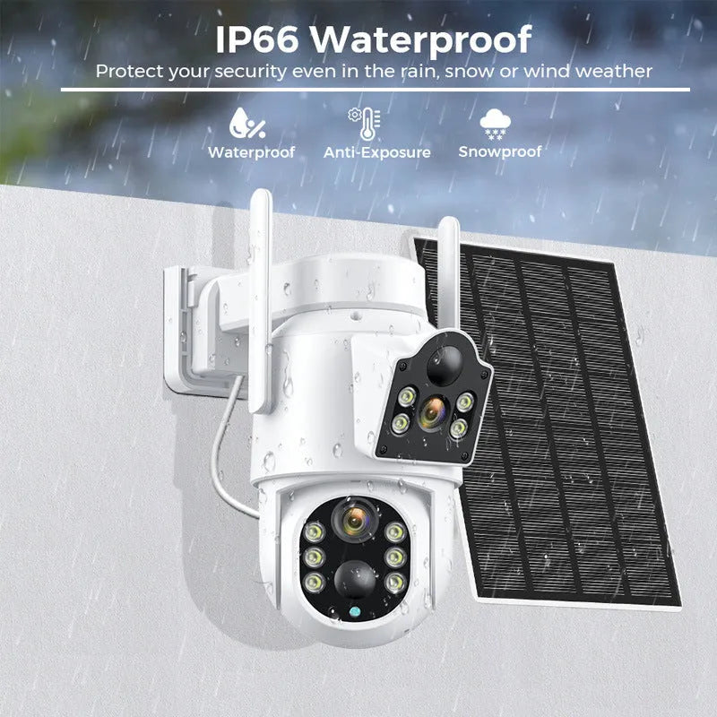 Outdoor solar-powered wireless Wi-Fi security camera with solar panel in black and white or all-white finish