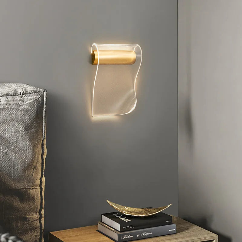Modern wall lamp with acrylic shade in left bend orientation for bedside or living room